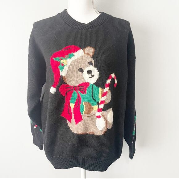 Charter Club vintage black wool Christmas holiday bear sweater size large - Picture 1 of 6